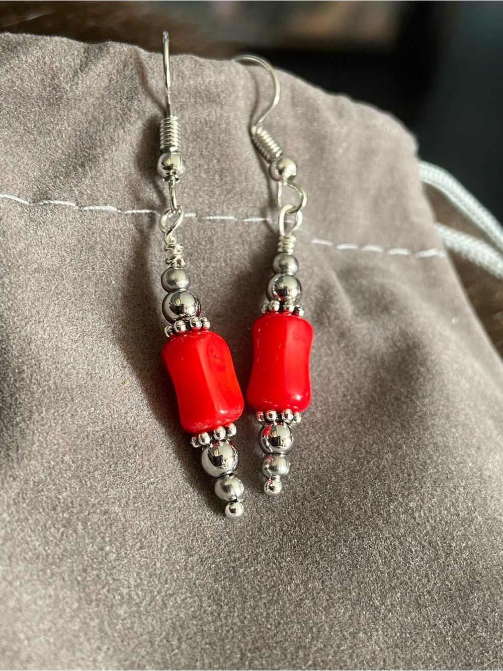 Stainless Steel & Red Coral Dangle Earrings